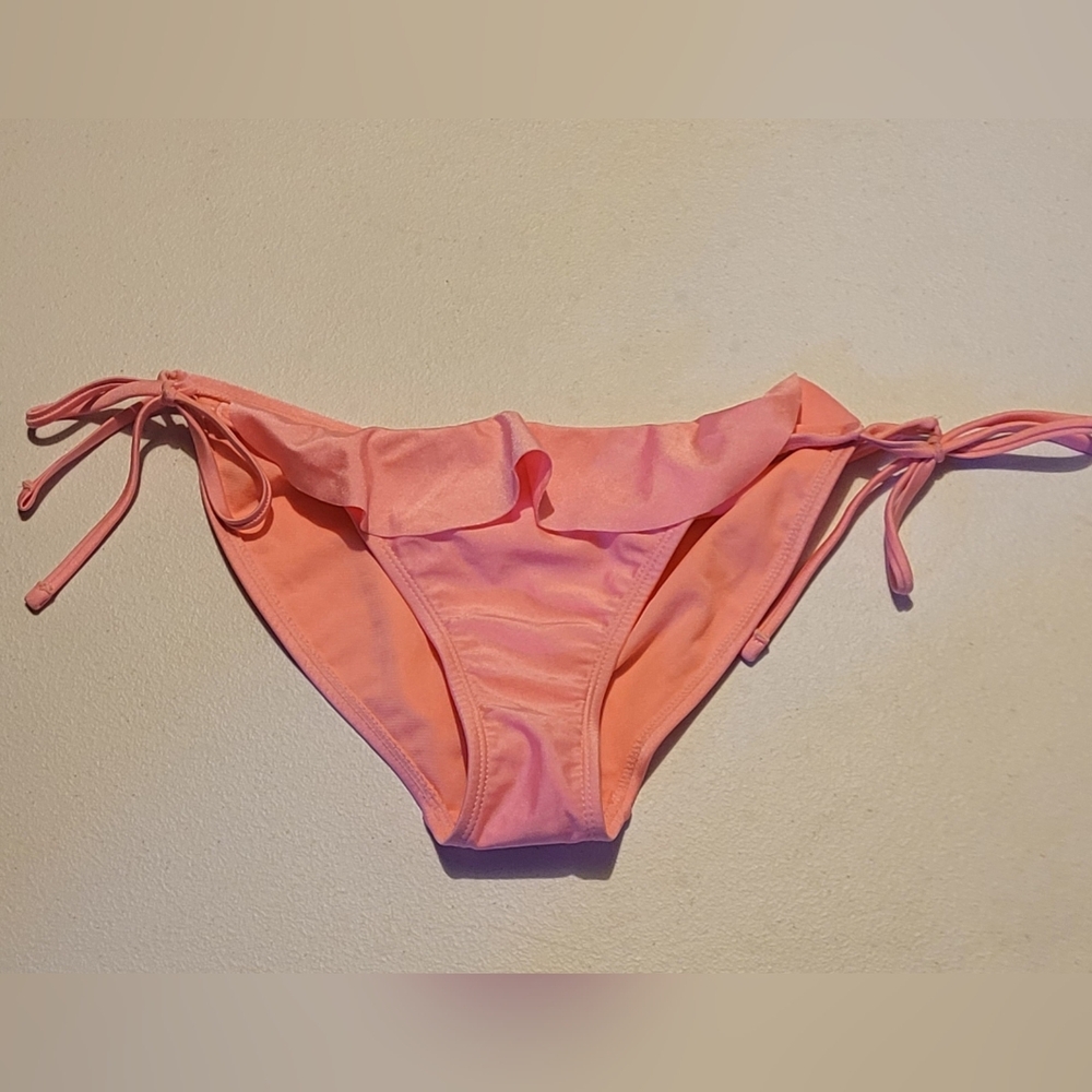 Peachy Pink Front Ruffle String Bikini Bottom, Medium
